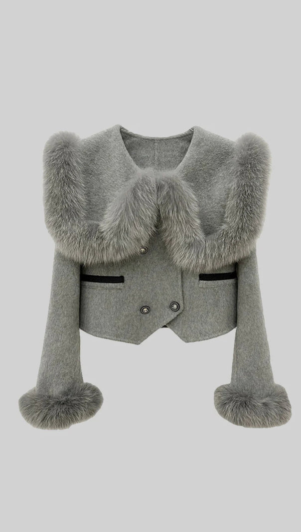 AIIZIE DOUBLE BREASTED CROPPED JACKET WITH FUR COLLAR EMBELLISHMENT - GRAY - product image