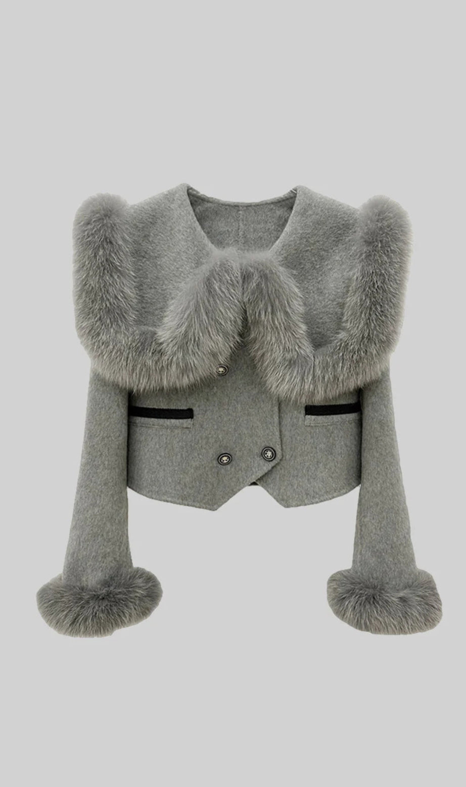 ZWEIREIHIGE KURZE JACKE MIT PELZKRAGENVERZIERUNG - GRAU