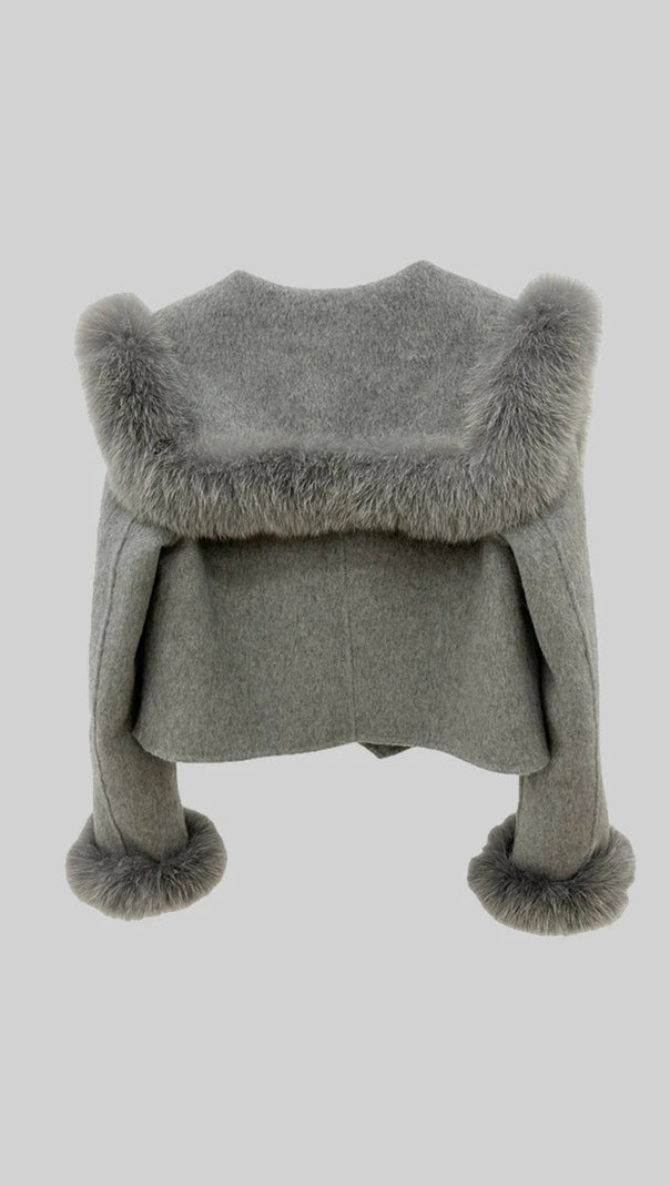AIIZIE DOUBLE BREASTED CROPPED JACKET WITH FUR COLLAR EMBELLISHMENT - GRAY - product image