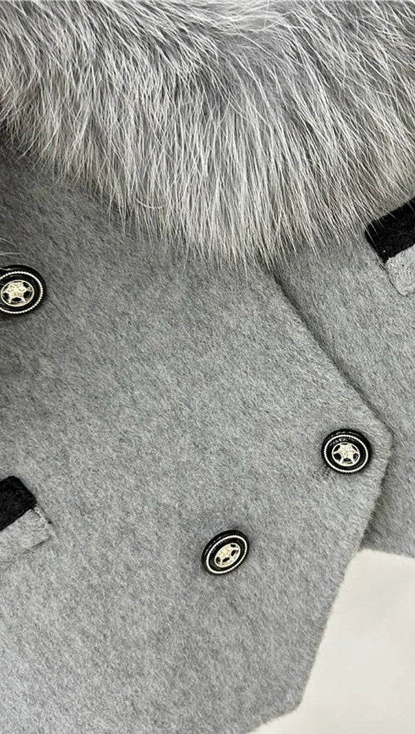 AIIZIE DOUBLE BREASTED CROPPED JACKET WITH FUR COLLAR EMBELLISHMENT - GRAY - product image