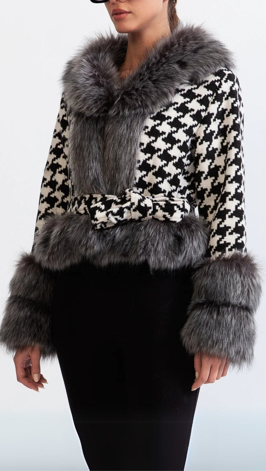HOUNDSTOOTH WOOL BELTED COAT WITH FUR