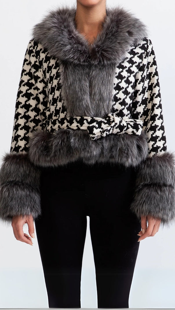 AIIZIE HOUNDSTOOTH WOOL BELTED COAT WITH FUR - product image
