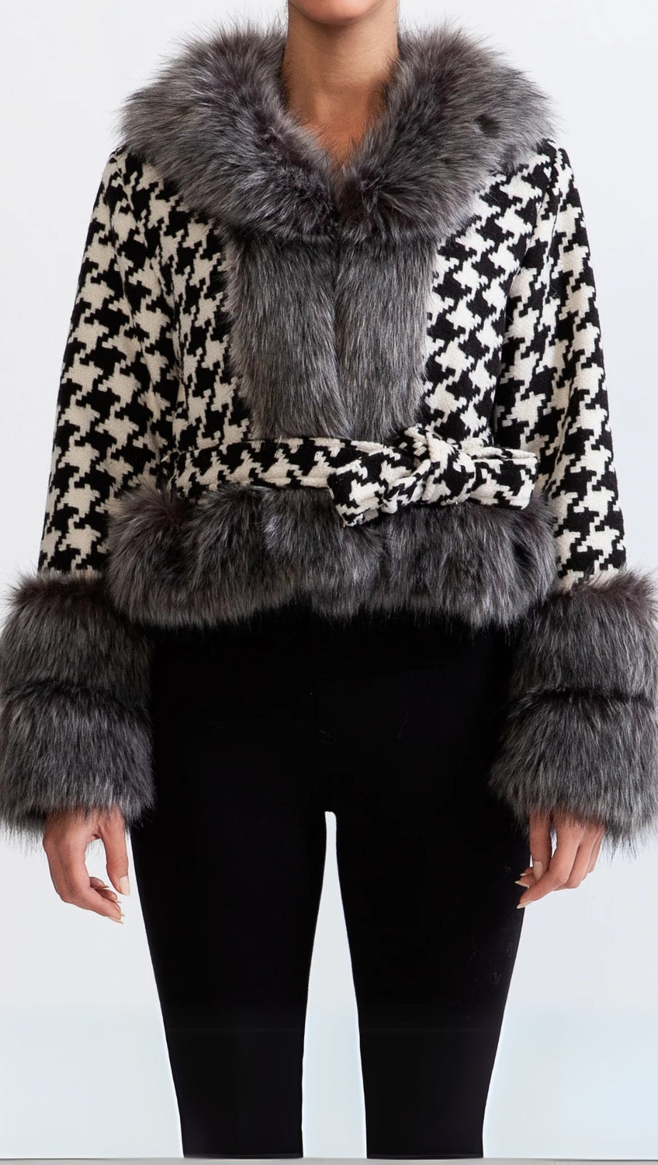 HOUNDSTOOTH WOOL BELTED COAT WITH FUR