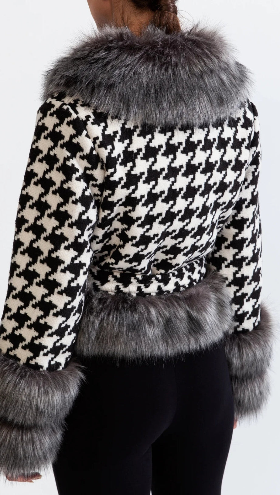 HOUNDSTOOTH WOOL BELTED COAT WITH FUR