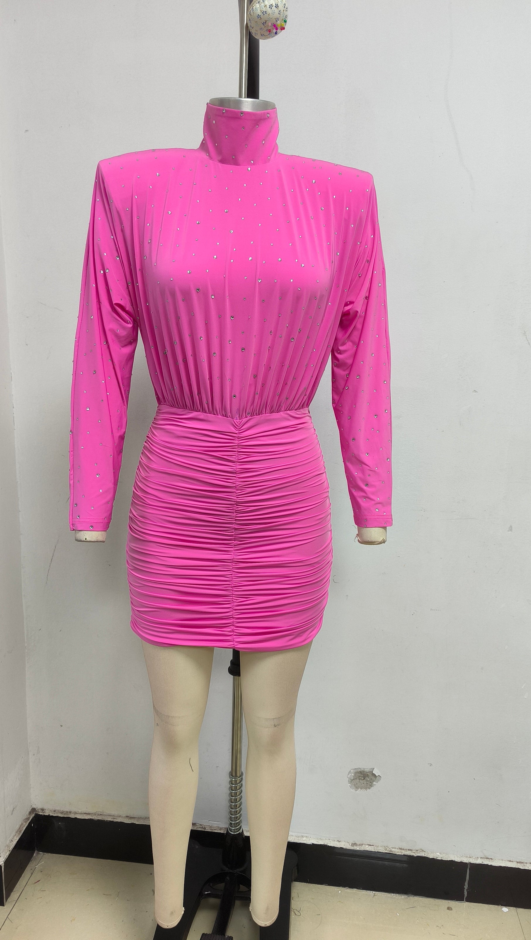 AIIZIE CRYSTAL EMBELLISHED RUCHED BODYCON MINI DRESS IN PINK - product image