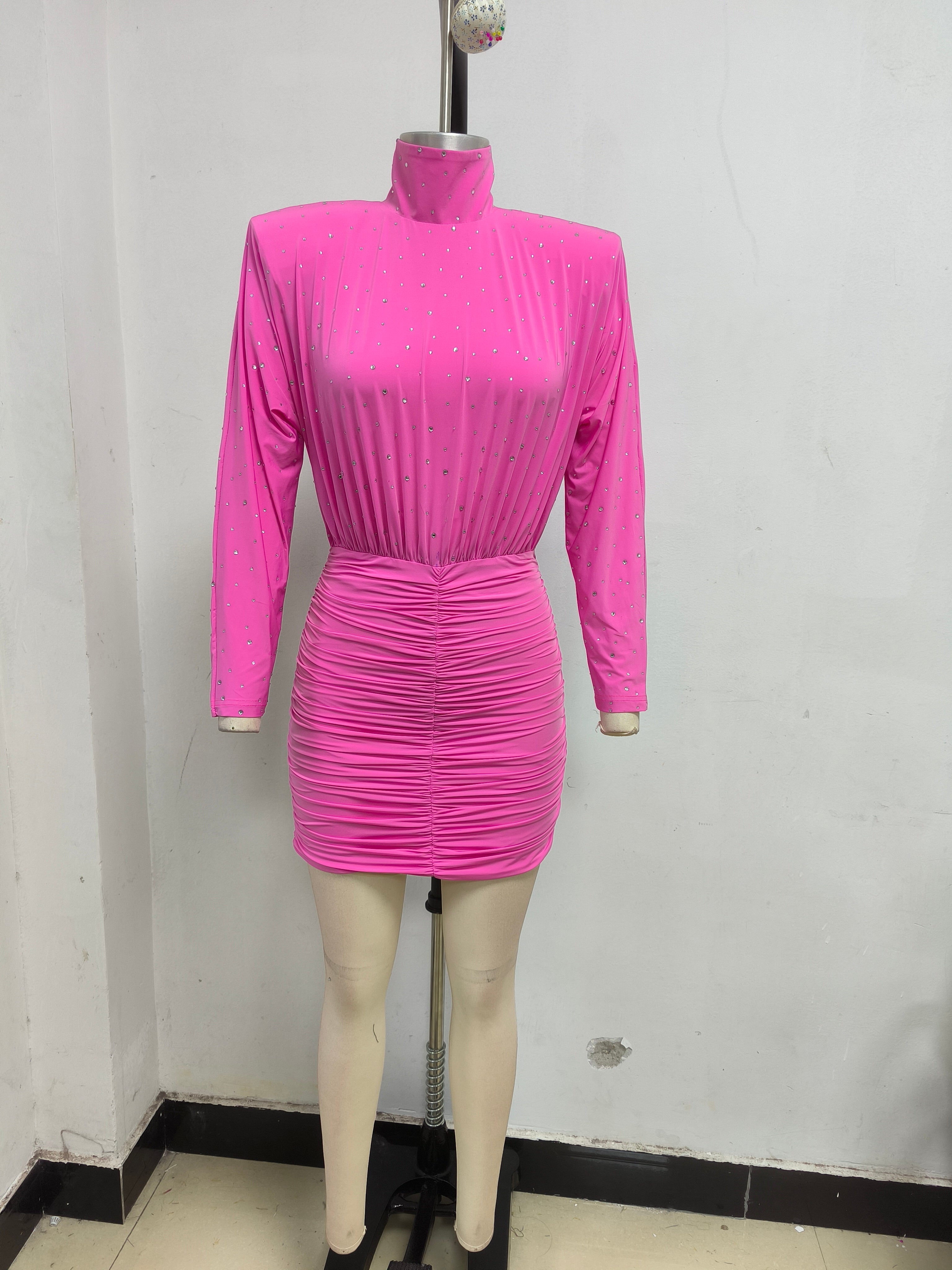 CRYSTAL EMBELLISHED RUCHED BODYCON MINI DRESS IN PINK