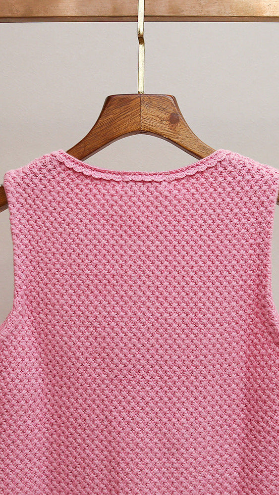 CHIC PINK KNIT VEST FOR WOMEN | ELEGANT SCALLOPED NECKLINE & GOLD BUTTON DETAILS