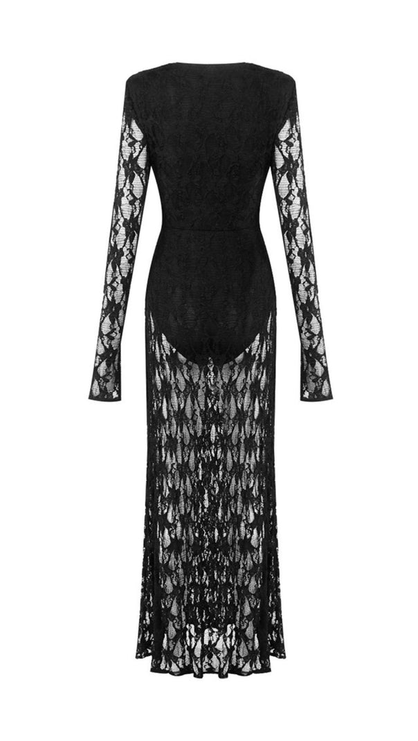 AIIZIE Jemma Black Sheer Lace Maxi Dress | Deep V-Neck Long Sleeve Evening Gown - product image