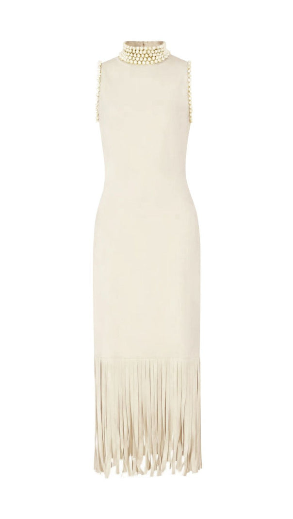 AIIZIE Junko Pearl Choker Sleeveless Knit Maxi Dress with Fringe Hem - product image