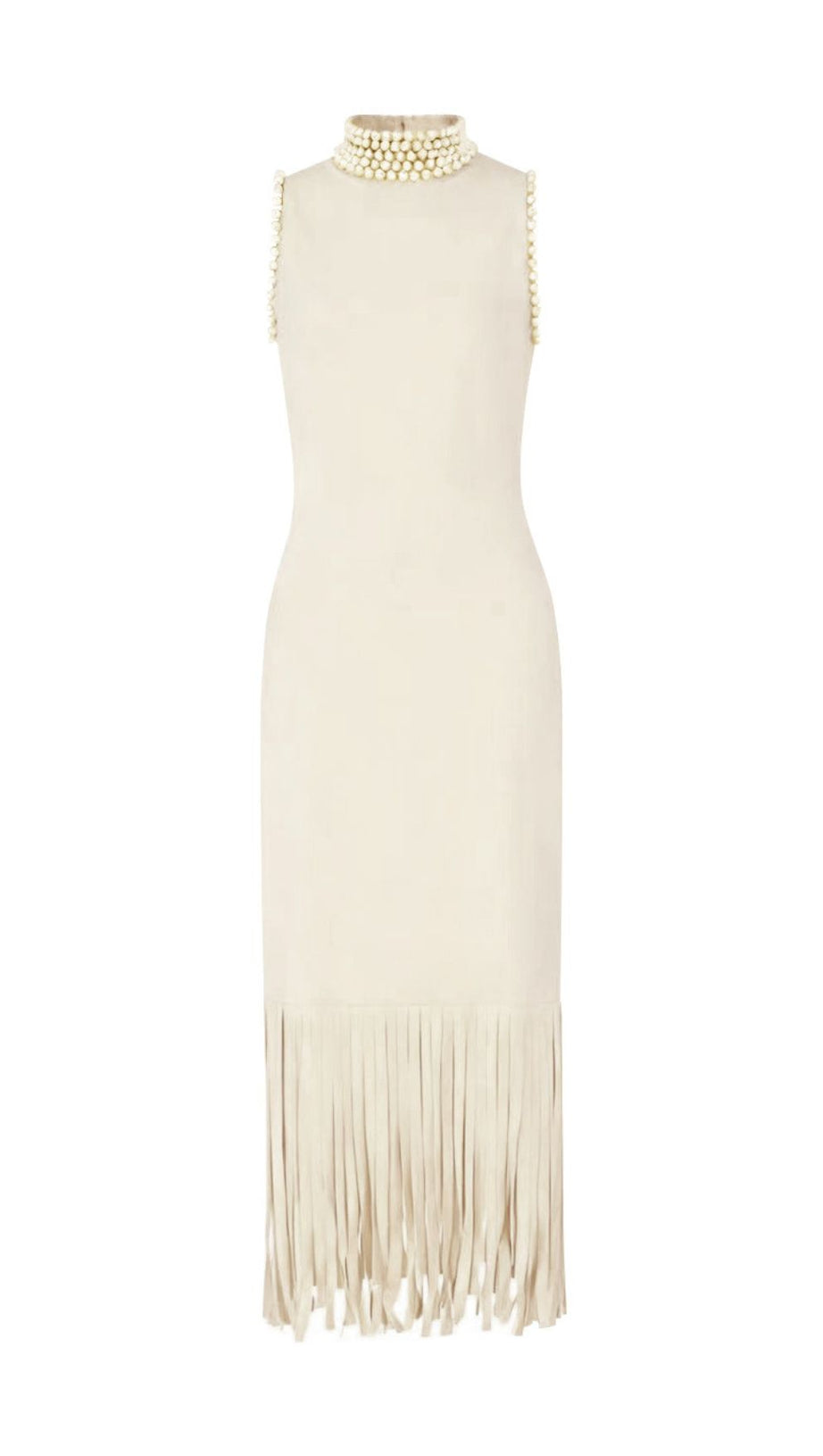 Junko Pearl Choker Sleeveless Knit Maxi Dress with Fringe Hem