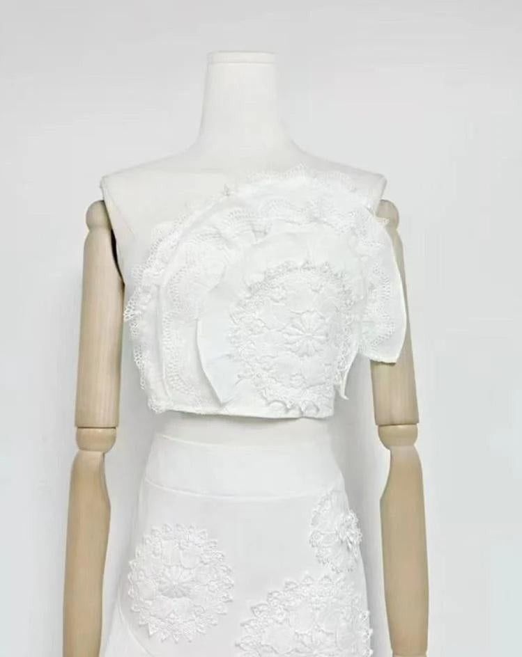 AIIZIE nina Ruffled strapless top floral embroidered mermaid skirt set - white - product image