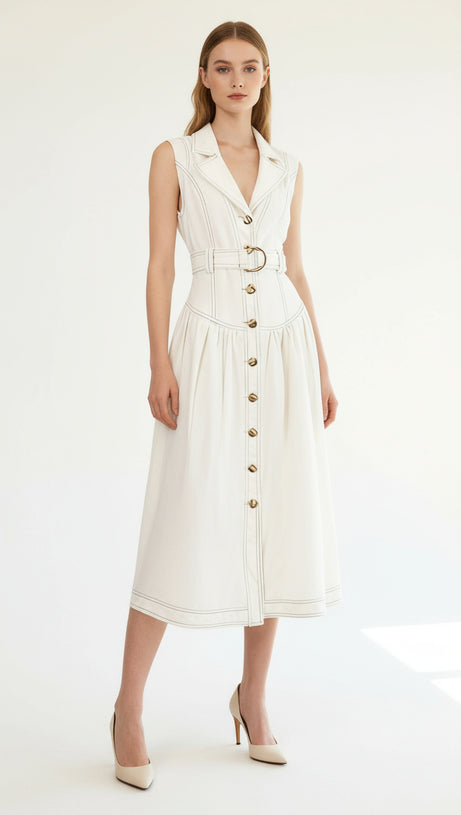 IONE SLEEVELESS BUTTON-FRONT DENIM MIDI DRESS | CHIC & BELTED STYLE