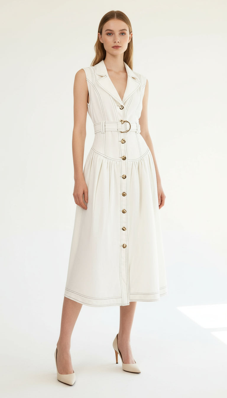 IONE SLEEVELESS BUTTON-FRONT DENIM MIDI DRESS | CHIC & BELTED STYLE