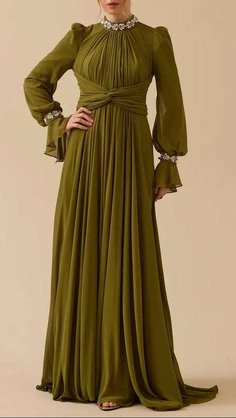 alyssa puff long sleeve pleated silk maxi dress in green