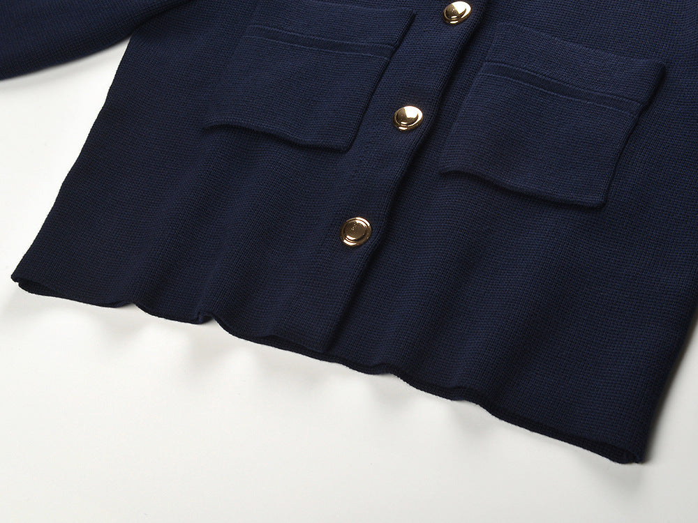 Chic Navy Cropped Cardigan with Detachable Ruffled Collar & Gold Buttons