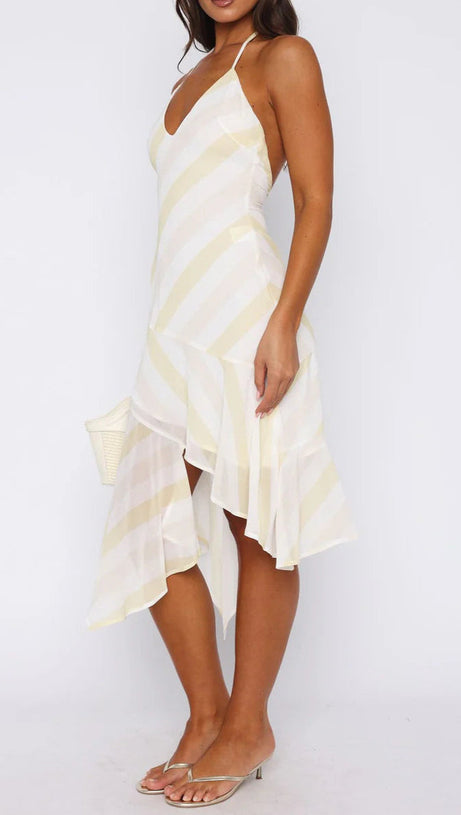 BACKLESS CITRUS STRIPE MIDI DRESS IN IVORY