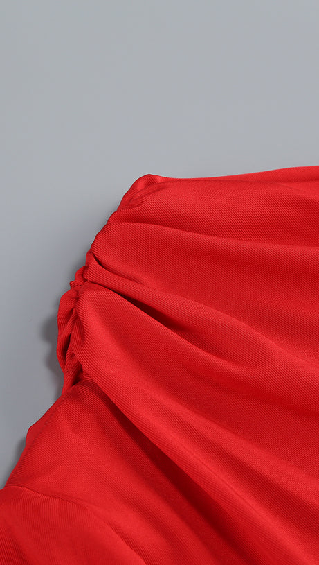 SLANT COLLAR HIGH WAIST SLIM LONG SKIRT RED SUIT