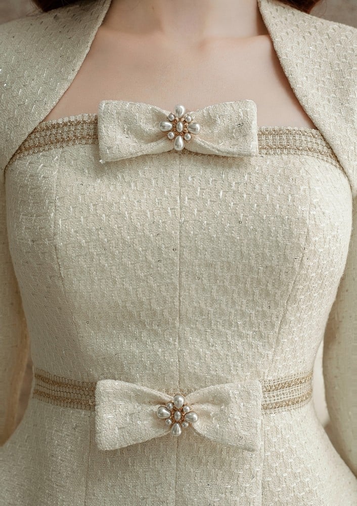 AIIZIE TWEED JACKET TULLE SKIRT SUIT IN APRICOT - product image