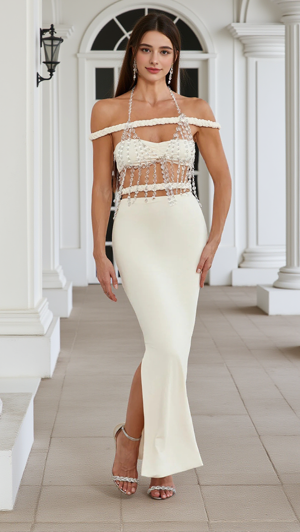 AIIZIE CRYSTAL CHAIN EMBELLISHED FISHTAIL SKIRT SET IN APRICOT - product image