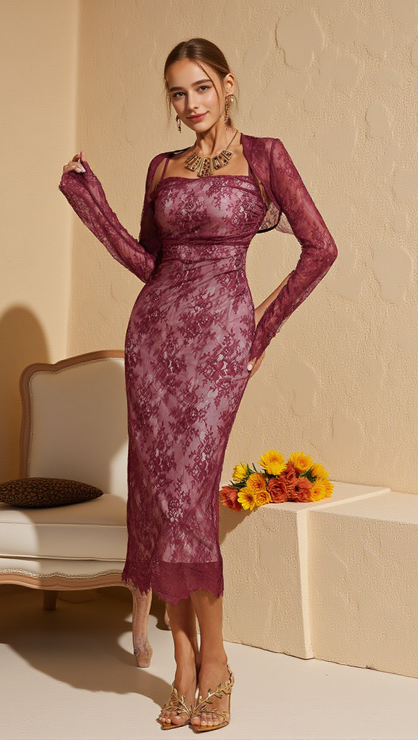 AIIZIE PEPITA SPAGHETTI LACE MIDI DRESS WITH SHRUG - product image