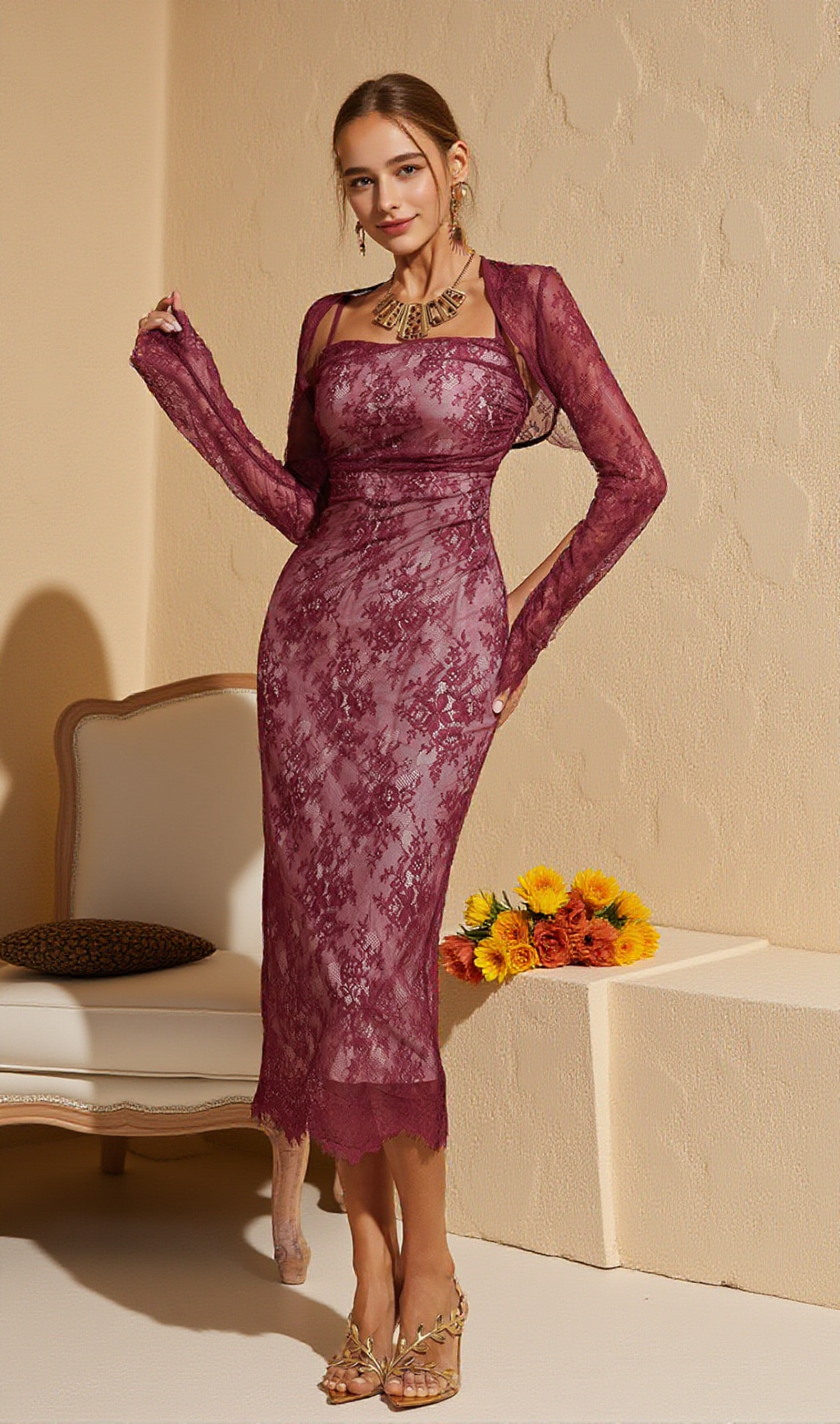 PEPITA SPAGHETTI LACE MIDI DRESS WITH SHRUG