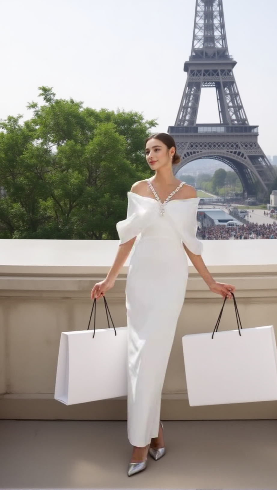 WHITE FANTASY RHINESTONE EMBELLISHED OFF SHOULDER DRESS