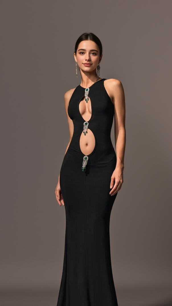 AIIZIE CRYSTAL EMBELLISHED CUTOUT MAXI DRESS IN BLACK - product image