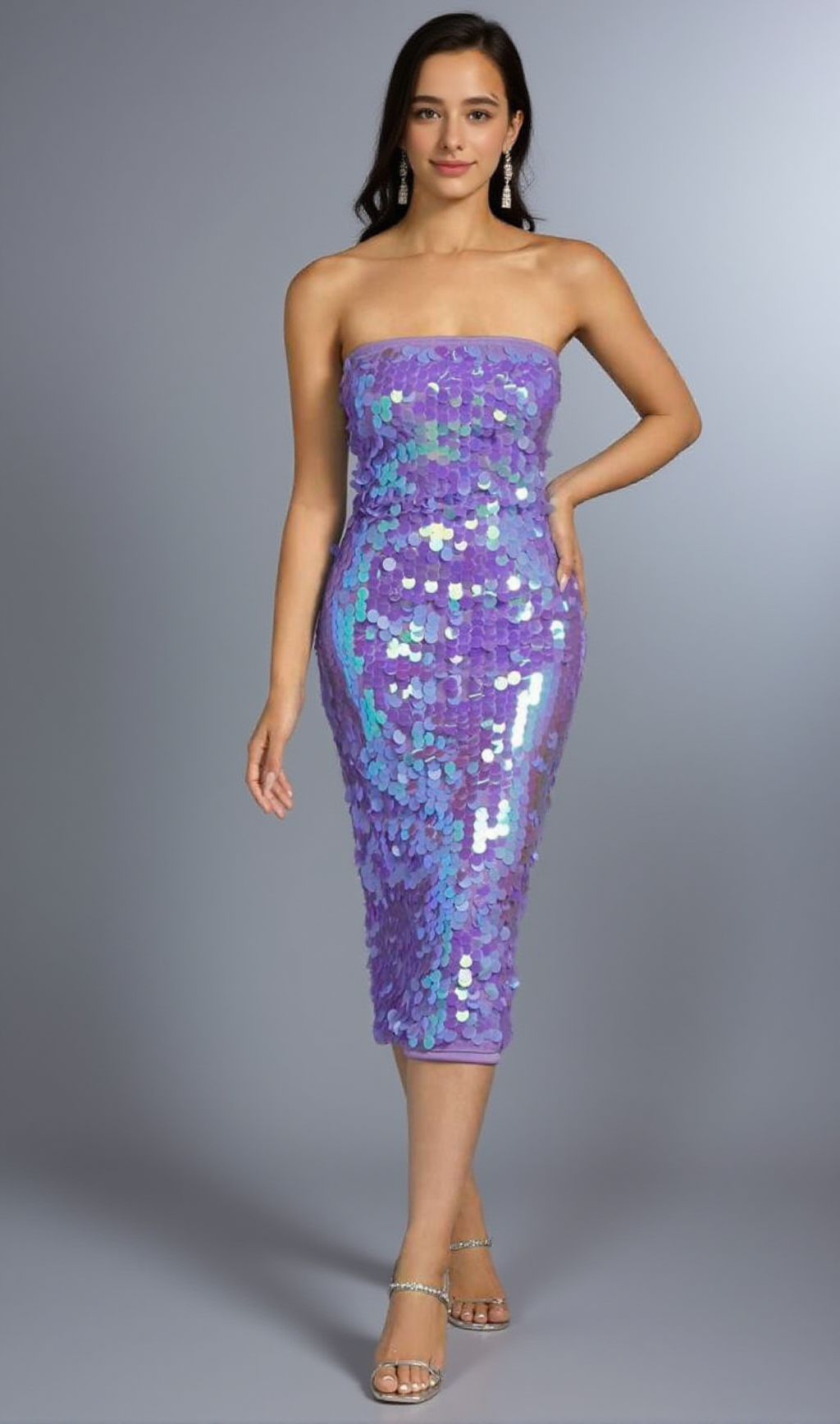 GLITTER STRAPLESS MIDI DRESS IN PURPLE