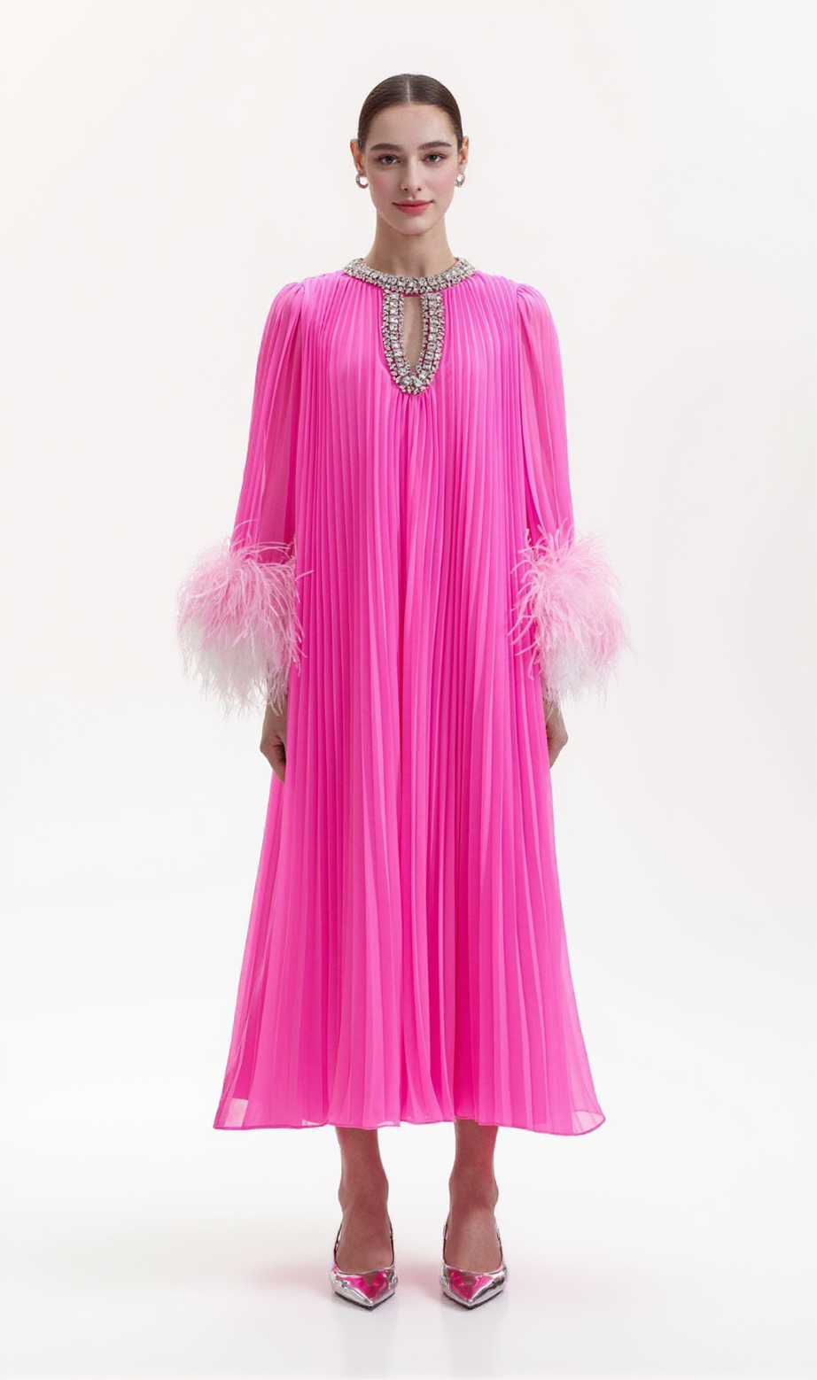 Manja Diamante Chiffon Feather Maxi Dress - Pink