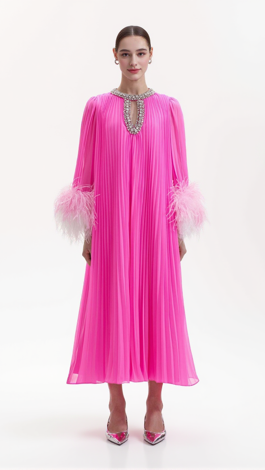 MANJA DIAMANTE CHIFFON FEATHER MAXI DRESS - PINK