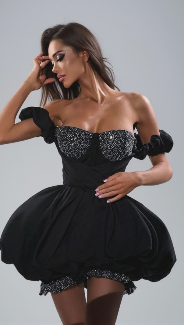 AIIZIE DELISE BLACK OFF-SHOULDER DIAMOND MINI DRESS - product image