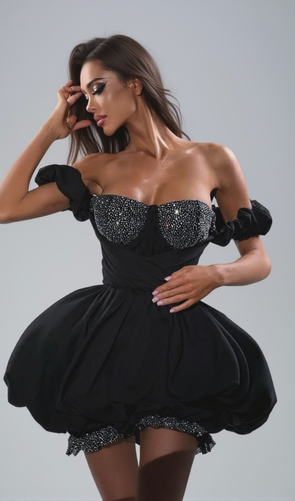 DELISE BLACK OFF-SHOULDER DIAMOND MINI DRESS