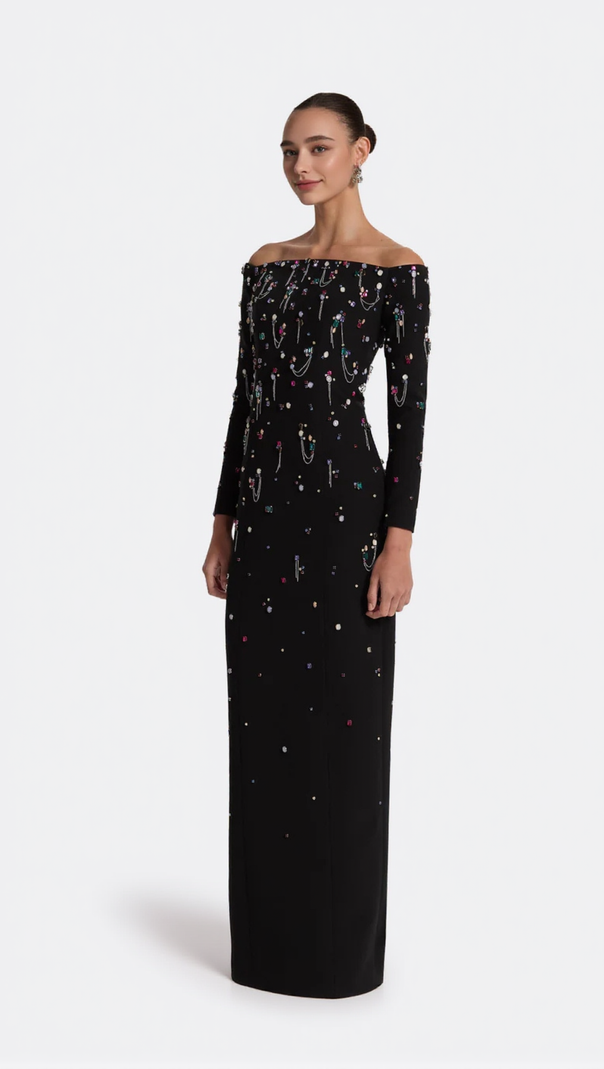 AIIZIE PAMARIA DIAMANTE EMBROIDERY OFF SHOULDER MAXI DRESS - product image