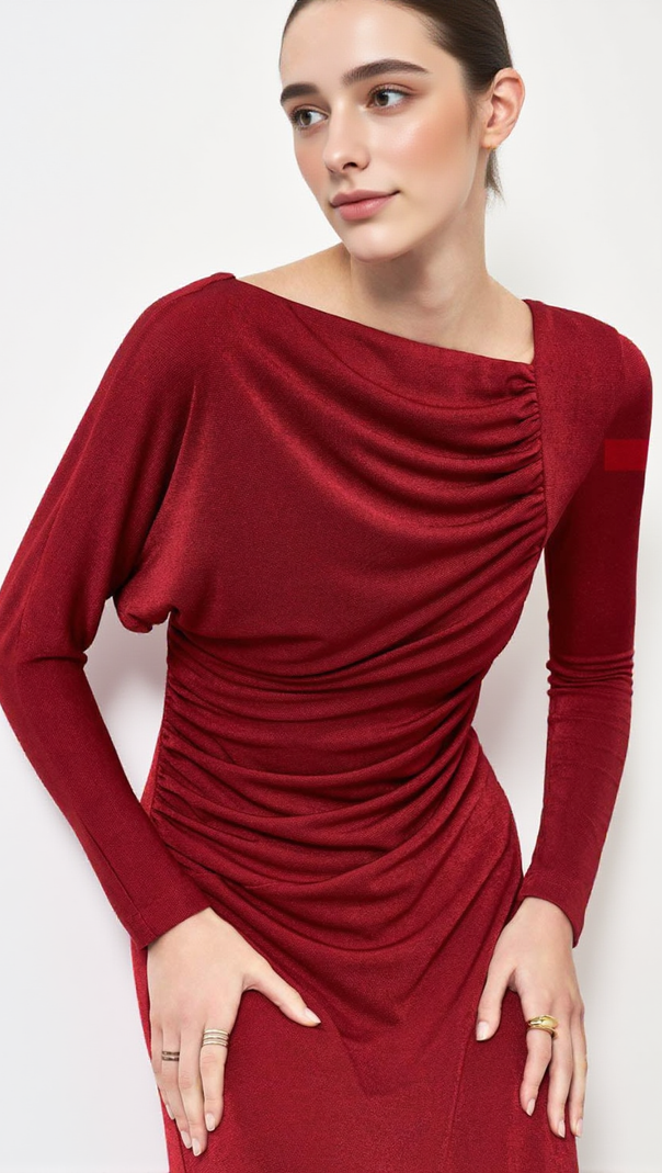 AIIZIE MIRABEL A-LINE BACK SLIT TAFFETA MIDI DRESS IN RED - product image