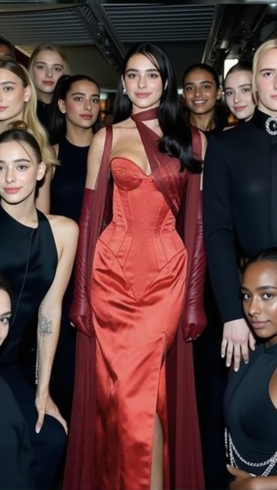 Trägerloses Kleid mit hohem Schlitz und Handschuhen