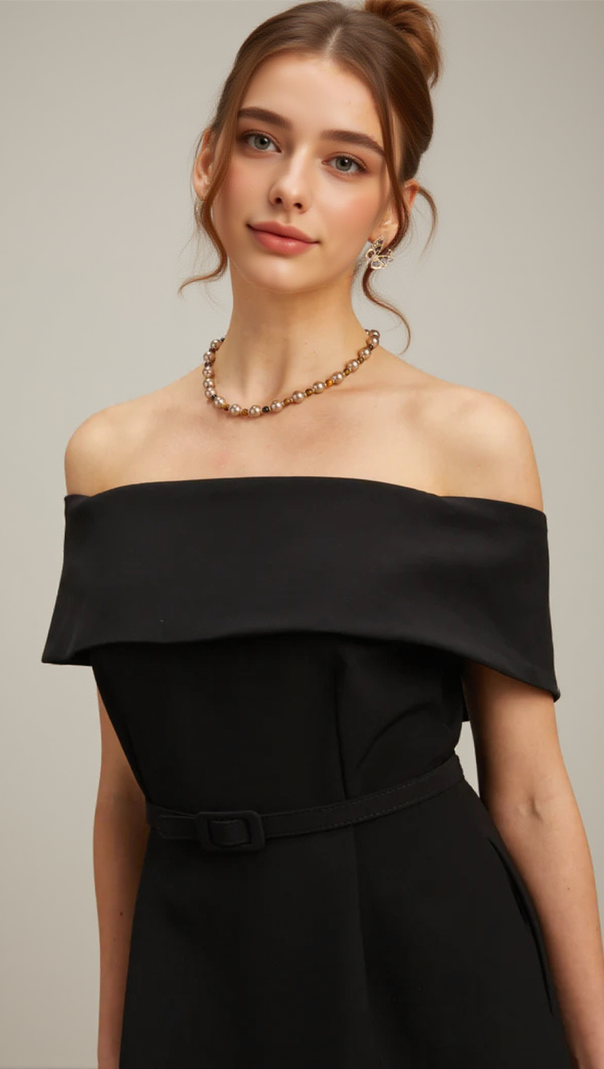 AIIZIE BELTED OFF-SHOULDER A-LINE MINI DRESS IN BLACK - product image