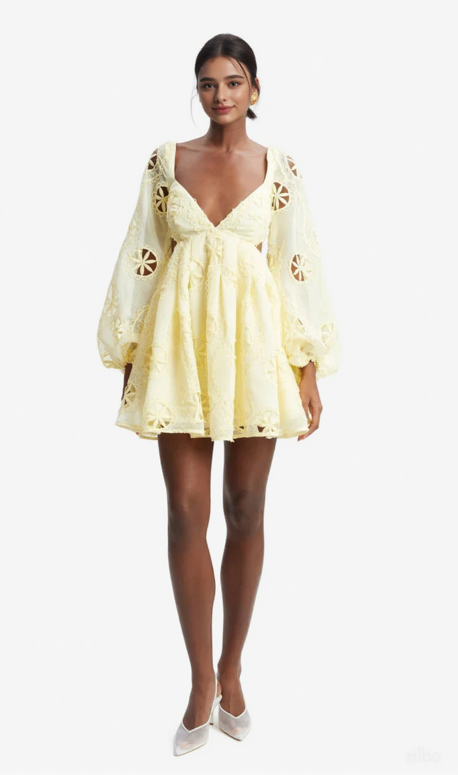 tiffany v-neck puff sleeve hollow mini dress in yellow