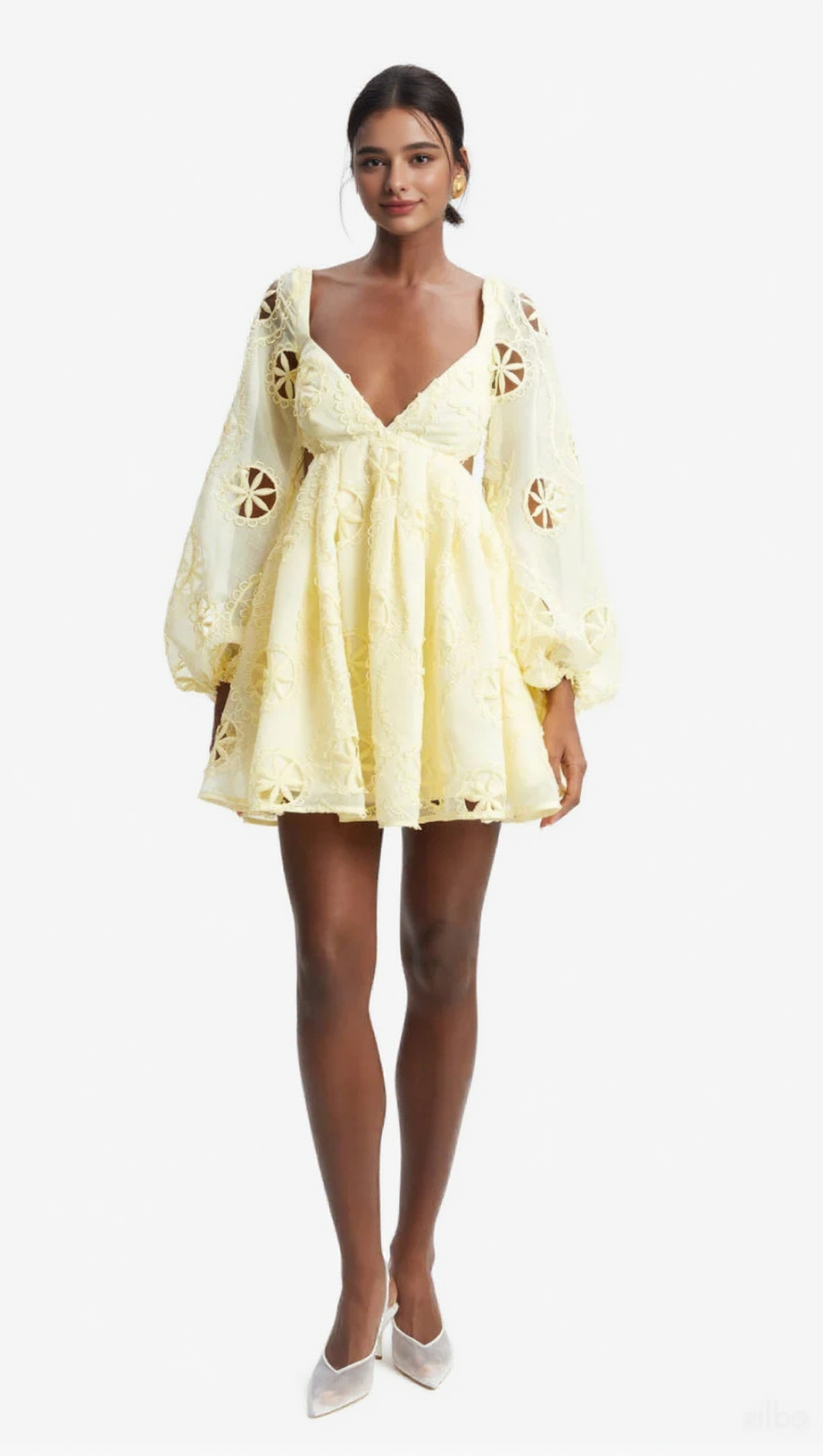 TIFFANY V-NECK PUFF SLEEVE HOLLOW MINI DRESS IN YELLOW