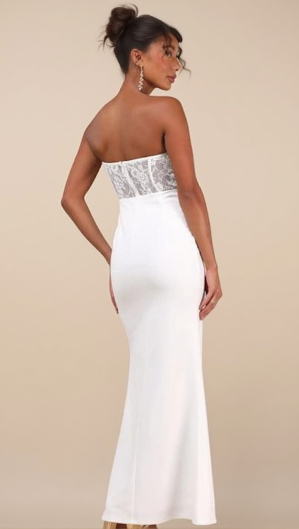 AIIZIE SULTRY PERSONA WHITE LACE STRAPLESS BUSTIER MERMAID MAXI DRESS - product image