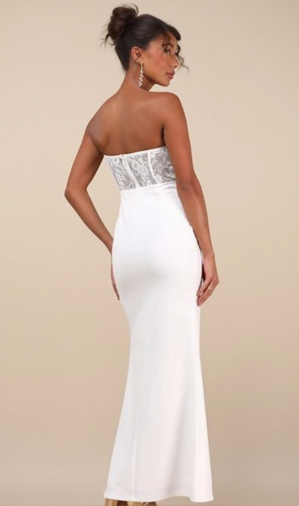Sultry Persona White Lace Strapless Bustier Mermaid Maxi Dress