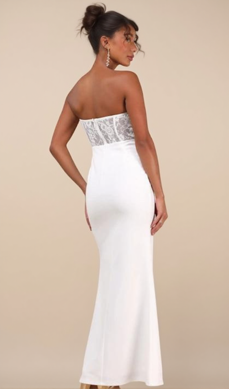 Sultry Persona White Lace Strapless Bustier Mermaid Maxi Dress