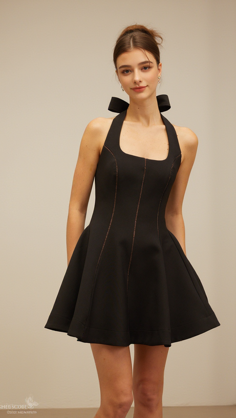 SANDY HALTERNECK BOW-EMBELLISHED MINI DRESS IN BLACK