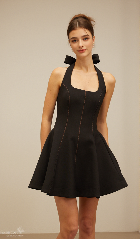 SANDY HALTERNECK BOW-EMBELLISHED MINI DRESS IN BLACK