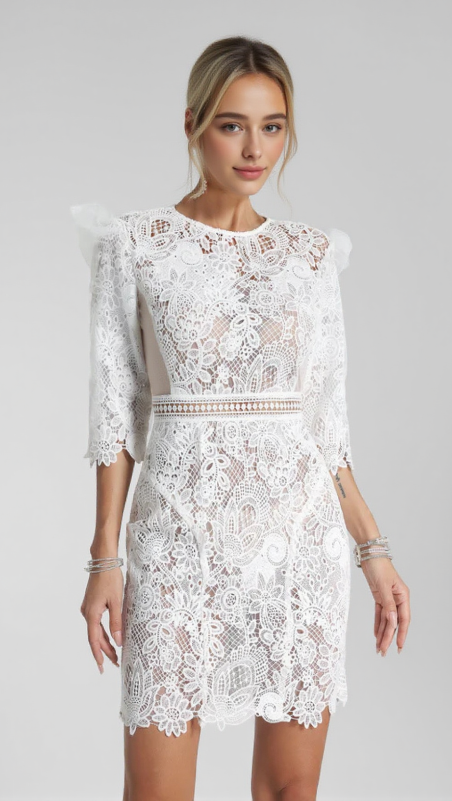 MIDI SLEEVE HALF BACKLESS SHORT WHITE GUIPURE DRESS