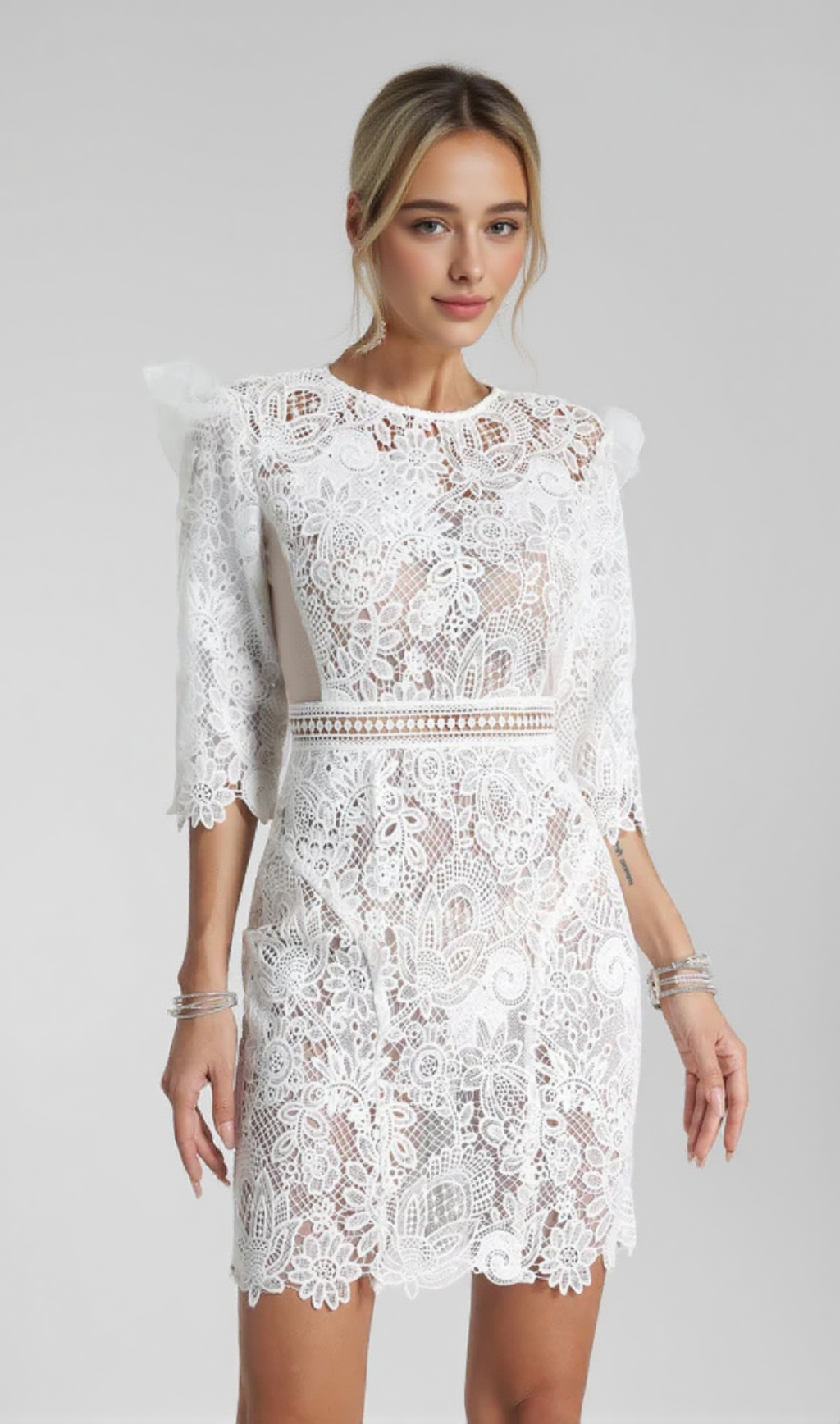 MIDI SLEEVE HALF BACKLESS SHORT WHITE GUIPURE DRESS