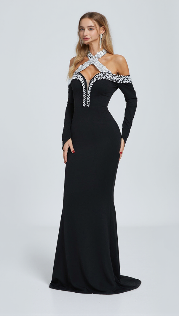 AIIZIE HALTER PEARL CRYSTAL-TRIM MAXI DRESS - product image