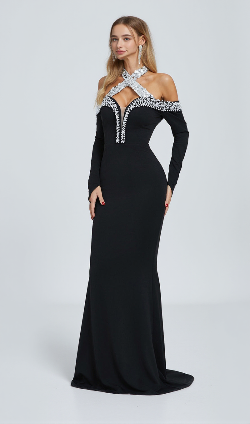 Halter Pearl Crystal-Trim Maxi Dress