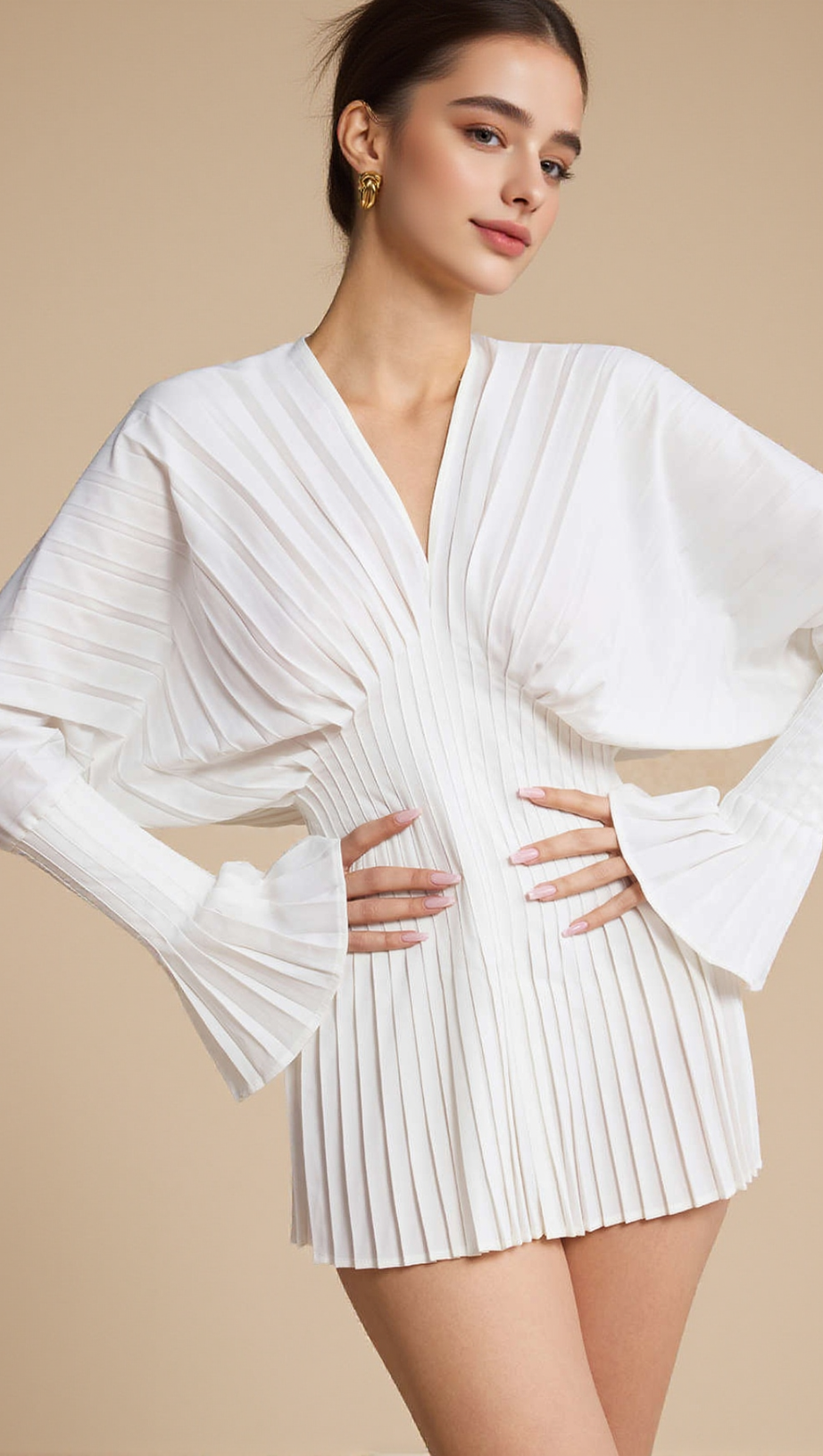 PLEATED BELL SLEEVE V-NECK MINI DRESS IN WHITE