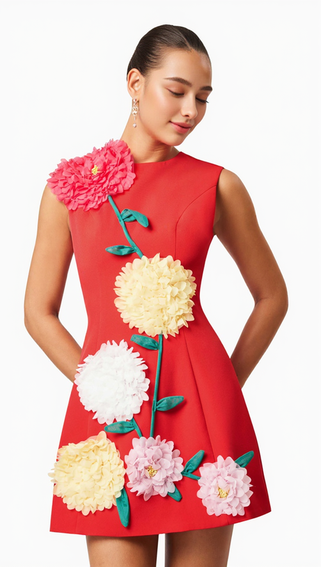 Minikleid mit Buttercup-Stickerei in Rot