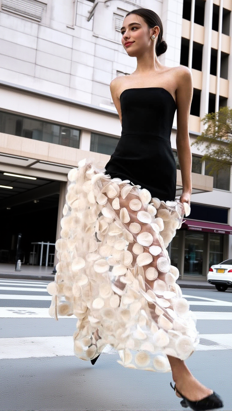 Trägerloses Maxikleid in A-Linie Schwarz Elfenbein